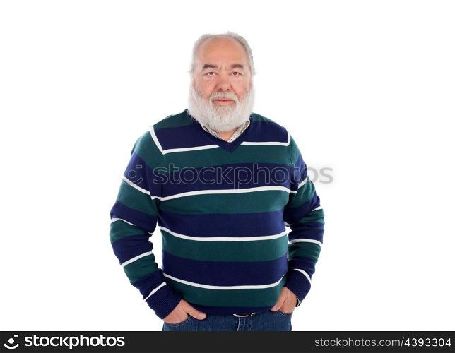 Senior man with white beard smiling isolated on background