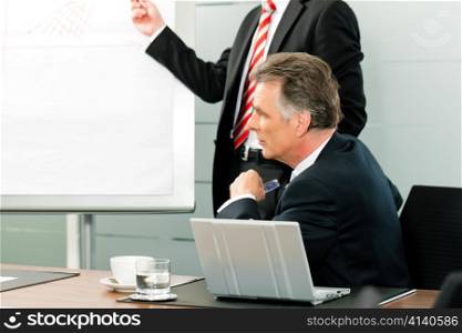 Senior Manager or boss in meeting discussing new strategy while a male colleague is doing the presentation