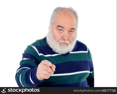 Senior men pointing at camera with his finger isolated on white. Focus on the hand