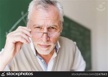 senior professor putting glasses classroom