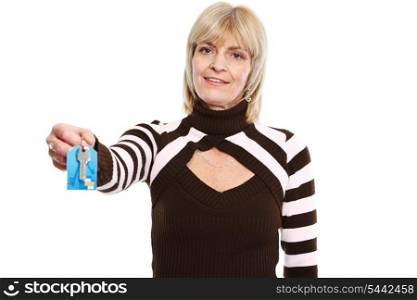Senior realtor woman giving keys