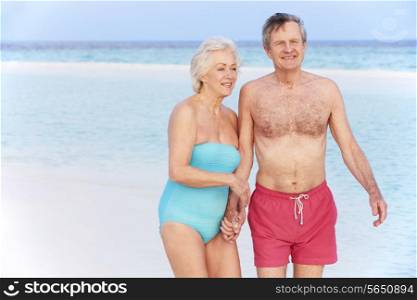 Senior Romantic Couple Walking In Beautiful Tropical Sea