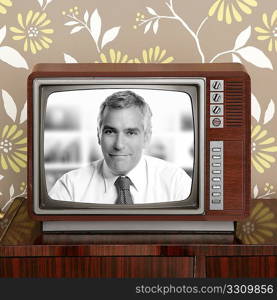 senior tv presenter in retro wood television vintage wallpaper