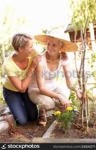 Senior Woman And Adult Daughter Relaxing In Garden