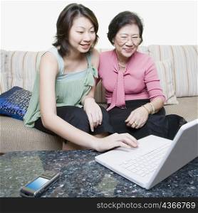 Senior woman and her granddaughter using a laptop and smiling