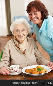 Senior Woman Being Served Meal By Carer