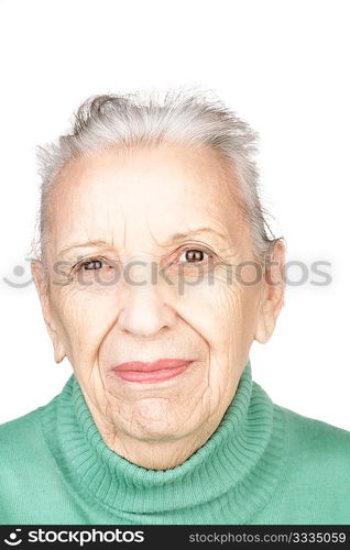 senior woman close-up on white background, selective focus