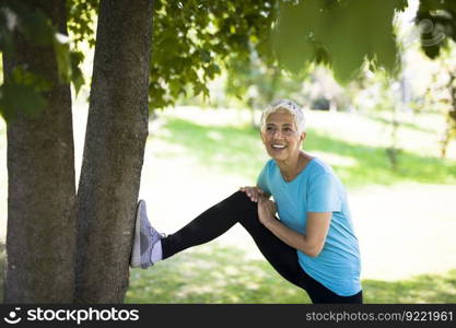 Senior woman does stretching exercise in the park by tree