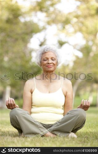 Senior Woman Doing Yoga In Park