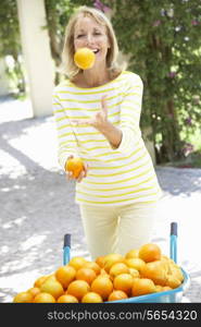 Senior Woman Juggling Oranges By Wheelbarrow