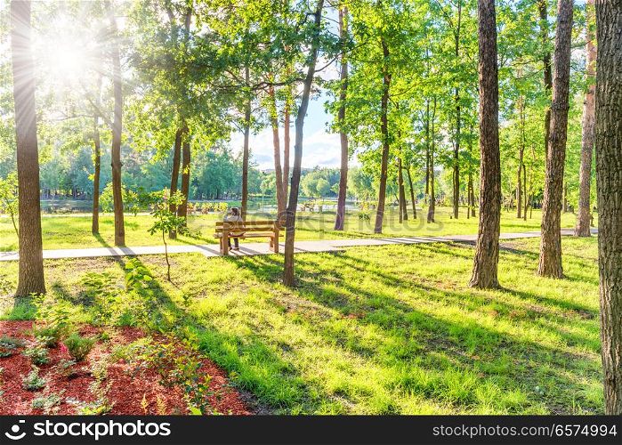 Senior woman sitting on wooden bench in beautiful green sunny park
