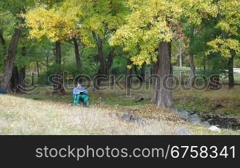 Senior woman sitting outdoors in chair under autumn tree, reading book. Front View