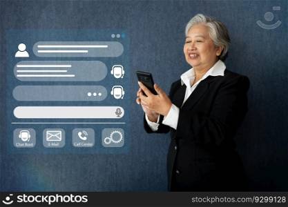 Senior woman use customer service and support live chat with chatbot, automatic messages, Artificial intelligence and CRM software technology. AI Chatbot smart digital customer service application