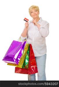 Senior woman with bags and credit card isolated