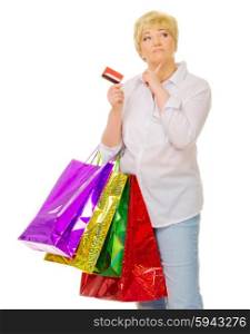 Senior woman with bags and credit card isolated