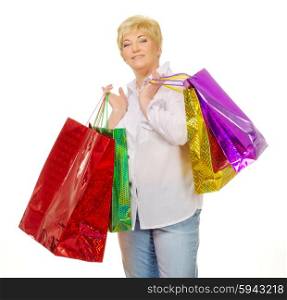 Senior woman with bags isolated