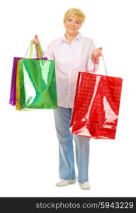 Senior woman with bags isolated