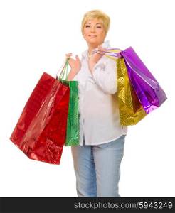 Senior woman with bags isolated