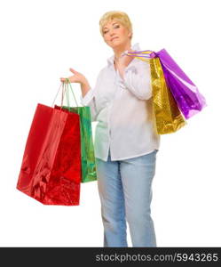 Senior woman with bags isolated