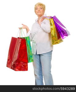 Senior woman with bags isolated