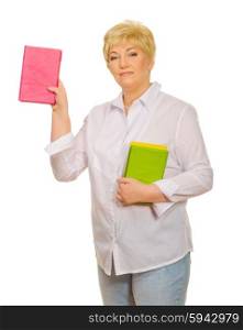 Senior woman with books isolated