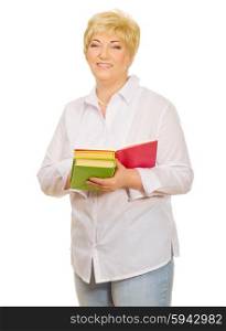 Senior woman with books isolated