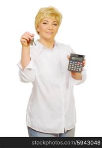Senior woman with calculator and keys isolated