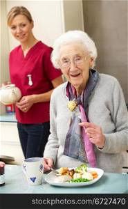 Senior woman with carer eating meal at home