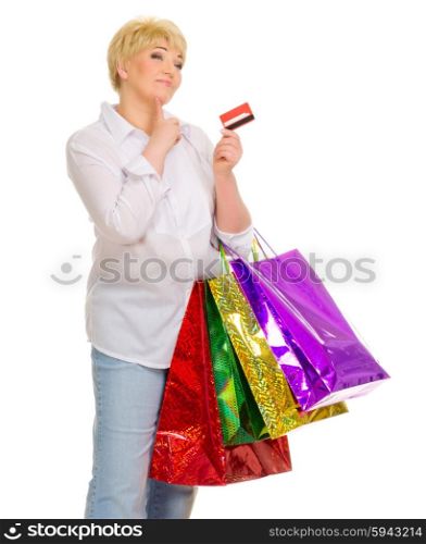 Senior woman with credit card and bags isolated