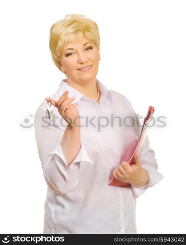Senior woman with folder and keys isolated