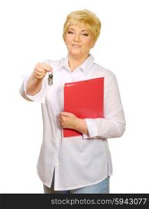 Senior woman with folder and keys isolated