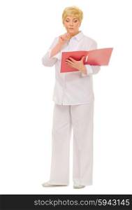 Senior woman with folder isolated