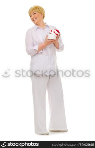 Senior woman with gift isolated