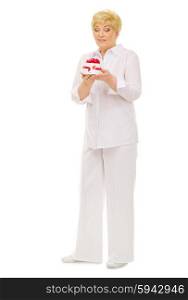 Senior woman with gift isolated