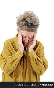 Senior woman with gray hair and an dark yellow jacket holding her headwith a teripple headache. On white background.