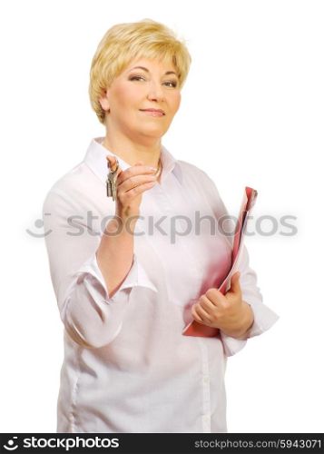 Senior woman with keys and folder isolated