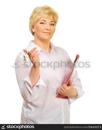 Senior woman with keys and folder isolated