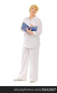 Senior woman with notebook isolated