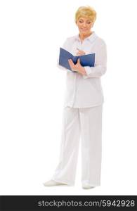 Senior woman with notebook isolated