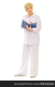 Senior woman with notebook isolated