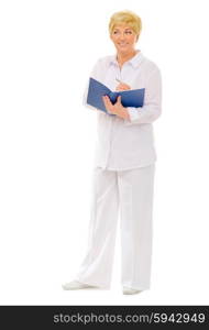 Senior woman with notepad isolated