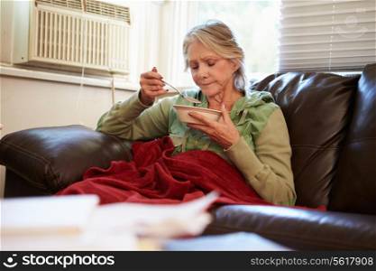 Senior Woman With Poor Diet Keeping Warm Under Blanket