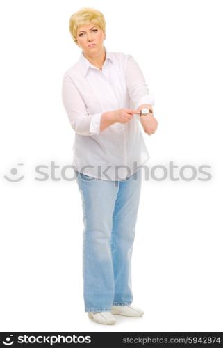 Senior woman with watches isolated
