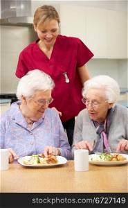 Senior women with carer enjoying meal at home