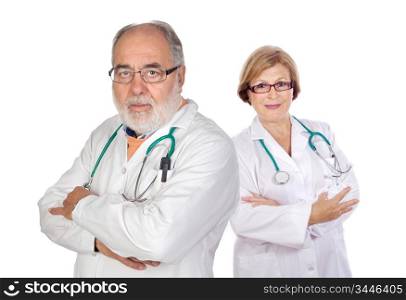 Seniors couple doctors doctor a over white background