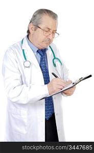 seniors doctor writing a over white background