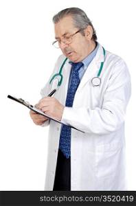 seniors doctor writing a over white background