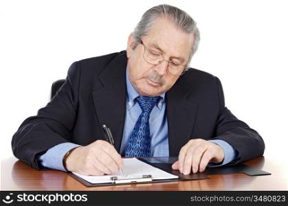 seniors man writing a over white background