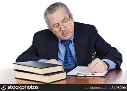 seniors man writing a over white background