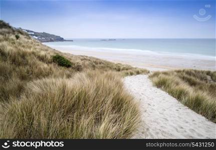 Sennen Cove beach and sand dunes before sunset Cornwall England